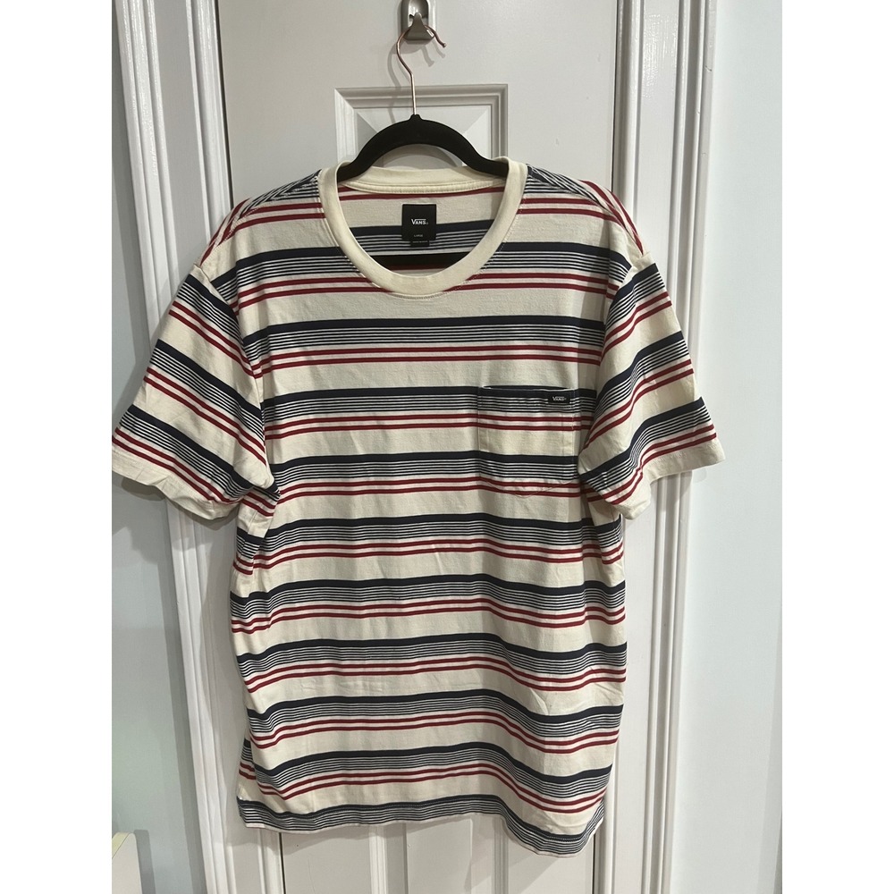 Vans Mens Large Striped Pocket T-Shirt Navy Red Cream Cotton Short Sleeve Tee